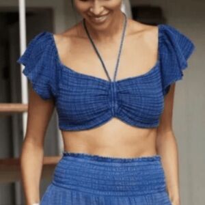 Anthropologie Daily Practice Blue Gauze Ruffled Sleeve Crop Top